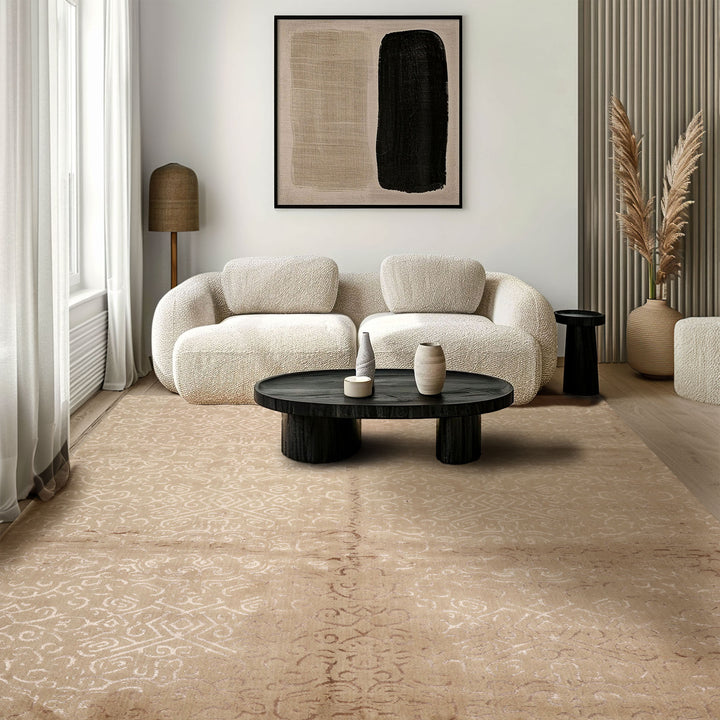 8x10 Beige, Taupe, Color Hand Knotted Tibetan Wool &amp; Bamboo Silk Transitional Oriental Rug