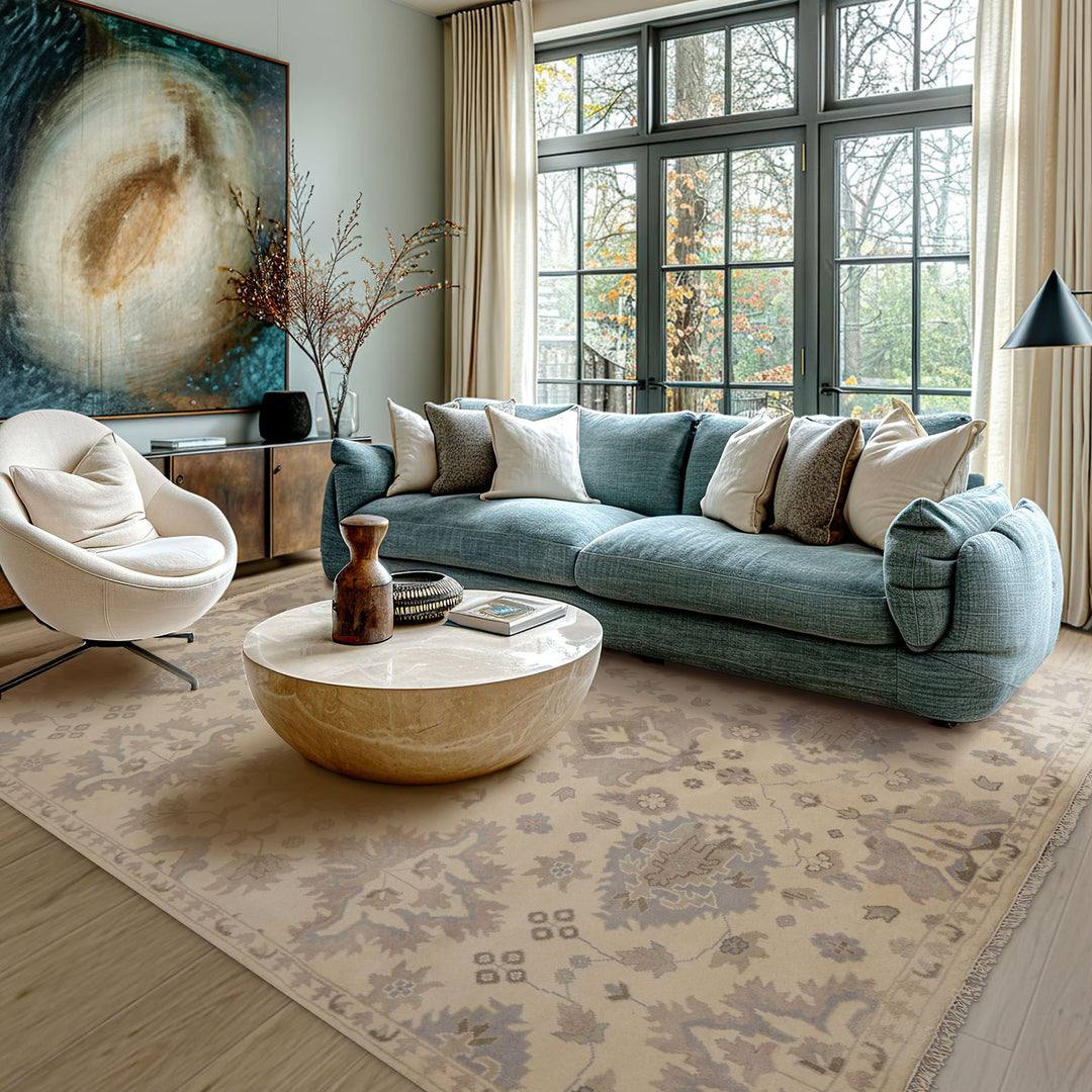 8x10 Ivory, Gray, Taupe Color Hand Knotted Oushak Wool Transitional Oriental Rug