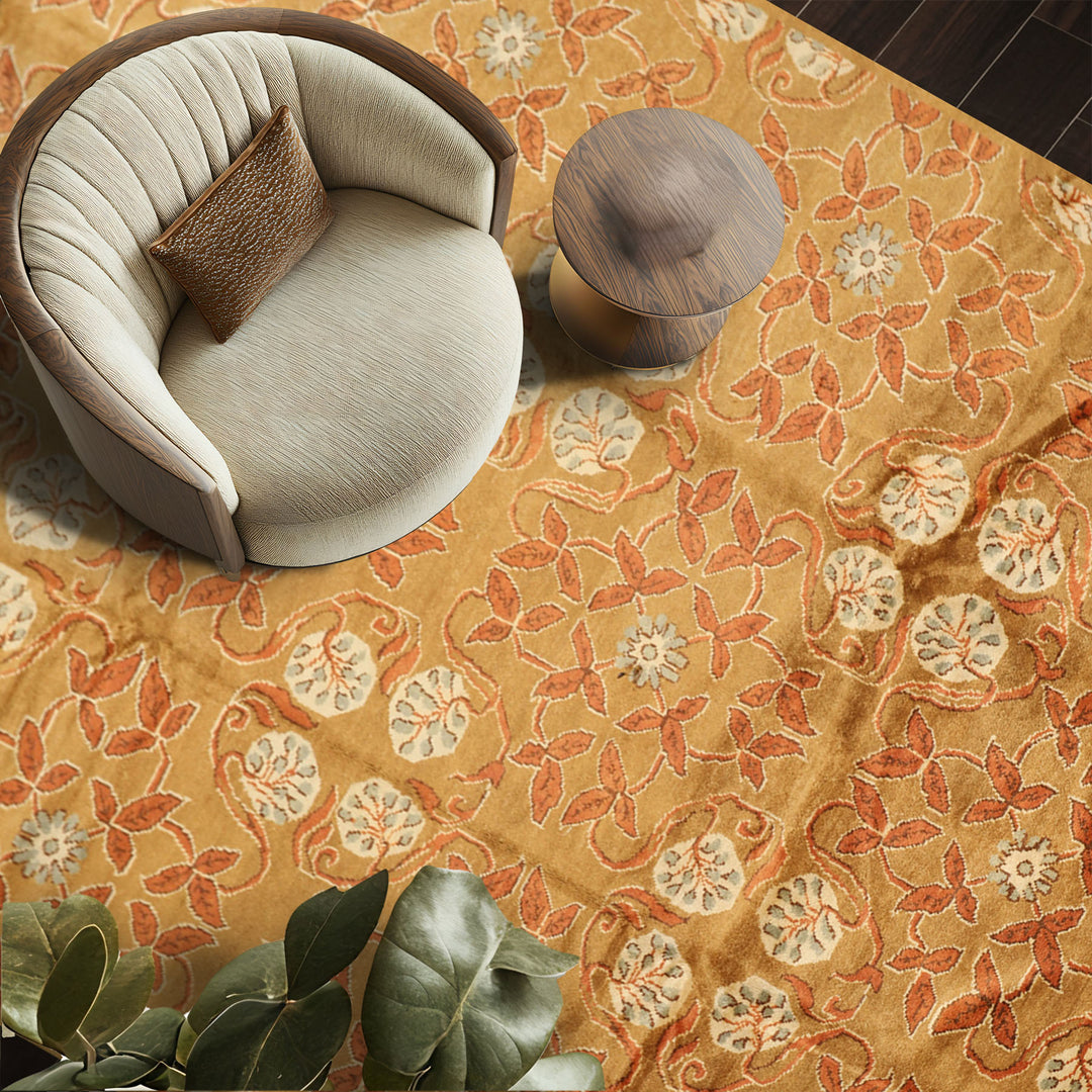8x10 Gold, Orange, Aqua Color Hand Knotted Tibetan Wool Transitional Oriental Rug