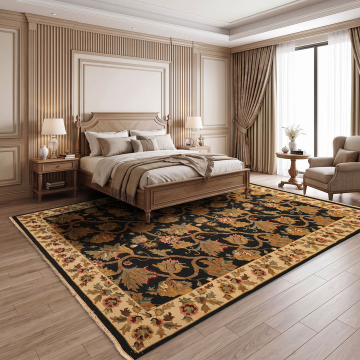 8x10 Black, Tan, Gold Color Hand Knotted Soumak Wool Traditional Oriental Rug