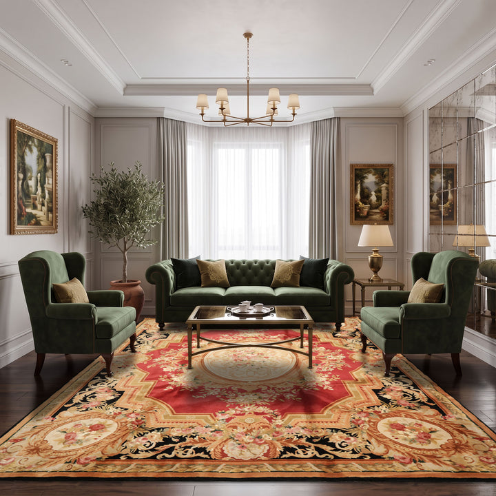 8x10 Rose, Black, Gold Color Hand Knotted French Aubusson Savonnerie Wool Traditional Oriental Rug