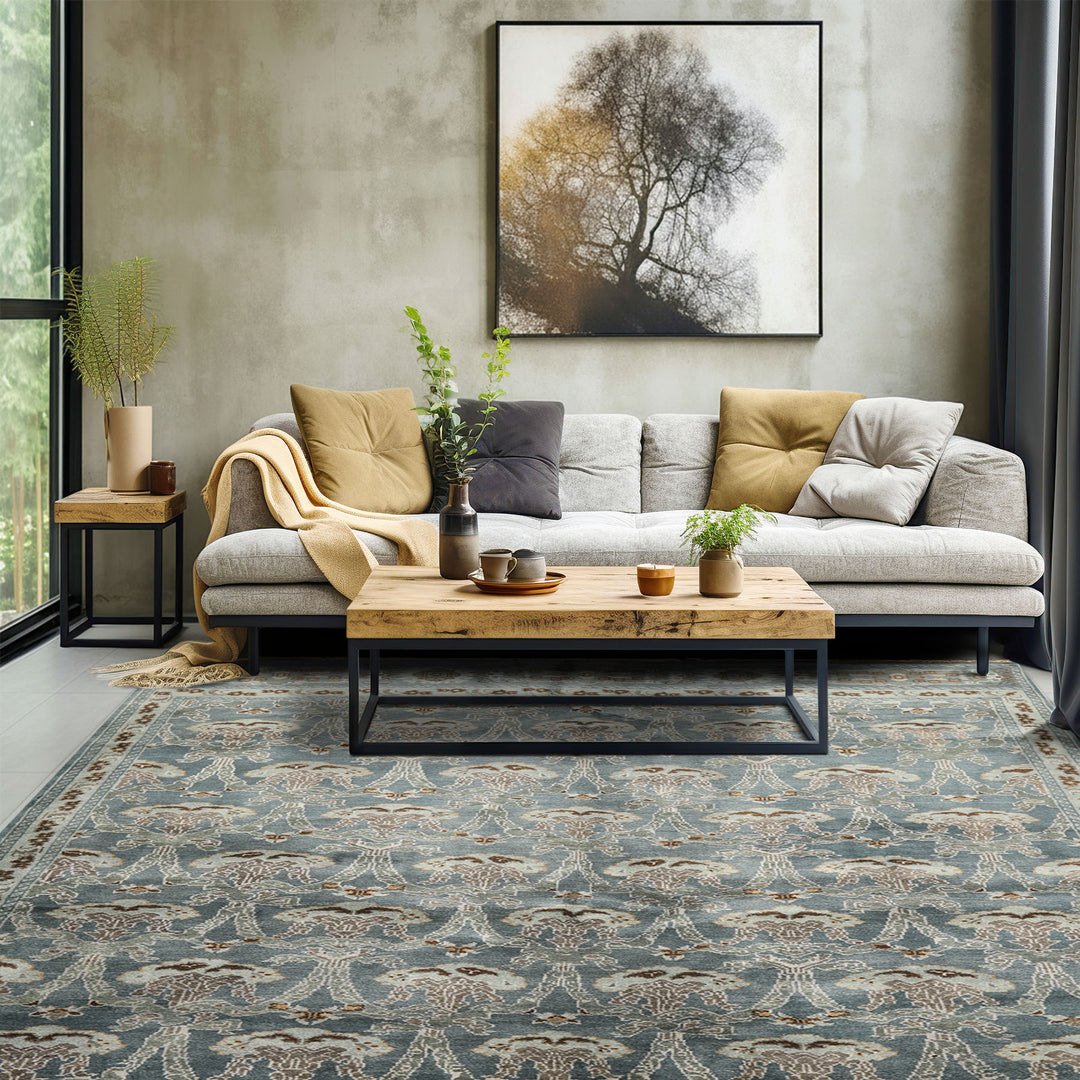 8x10 Aqua, Taupe, Brown Color Hand Knotted Tibetan Wool Traditional Oriental Rug