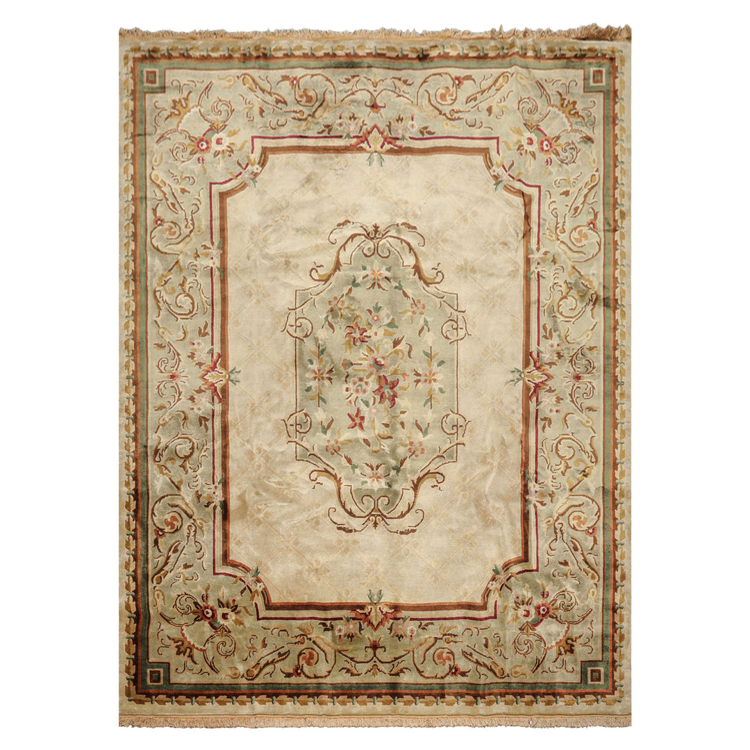 9x12 Ivory, Tan, Mint Color Hand Knotted French Aubusson Savonnerie Wool Traditional Oriental Rug
