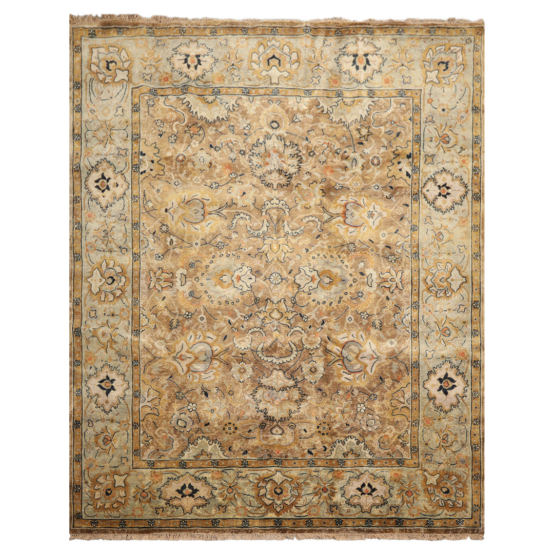 8x10 Mocha, Mint, Navy Color Hand Knotted Agra Wool Transitional Oriental Rug