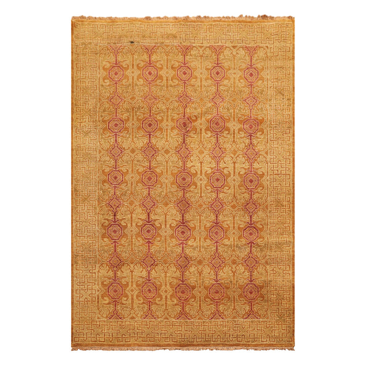 6x9 Caramel, Rose, Rust Color Hand Knotted Agra Wool Traditional Oriental Rug
