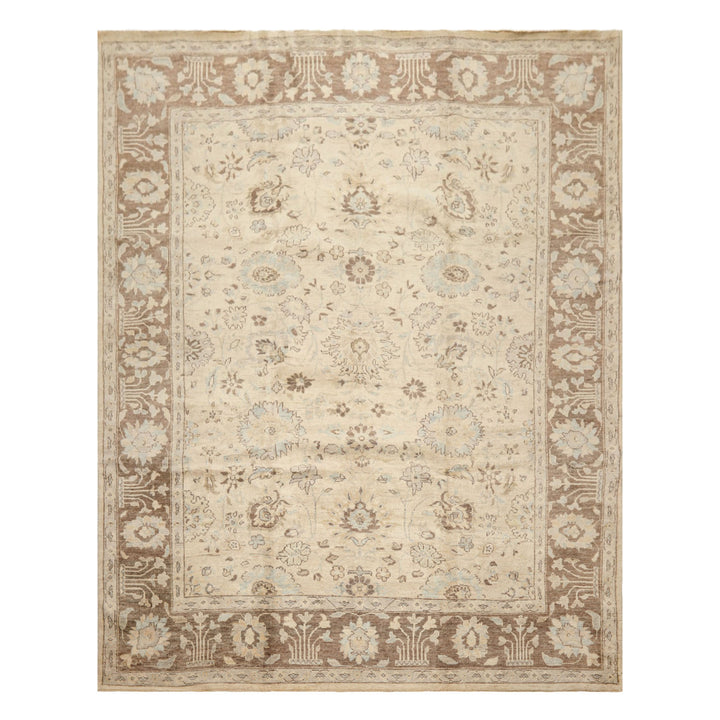 8x10 Beige, Mocha, Aqua Color Hand Knotted Oushak Wool Traditional Oriental Rug