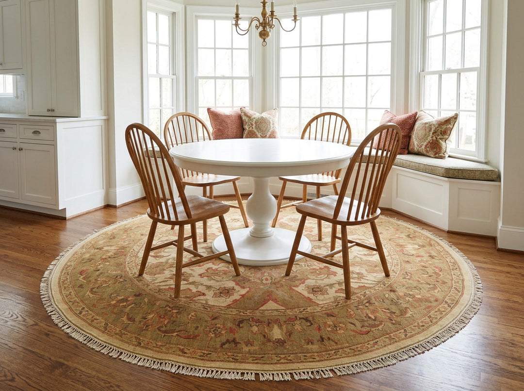 8 Round Tan, Sage, Rust Color Hand Knotted Soumak Wool Traditional Oriental Rug