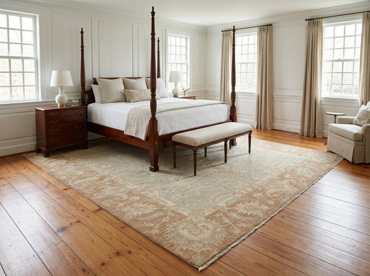 10x14 Seafoam, Mocha, Ivory Color Hand Knotted Peshawar Wool Traditional Oriental Rug