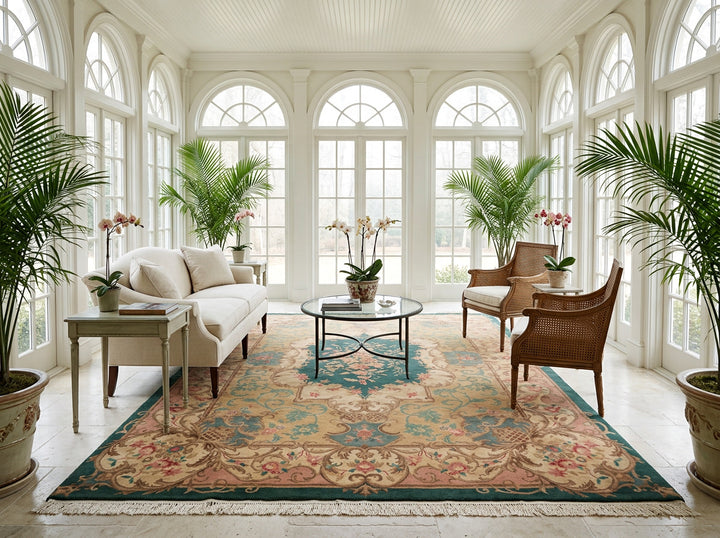 9x12 Emerald, Tan, Rose Color Hand Knotted French Aubusson Savonnerie Wool Traditional Oriental Rug