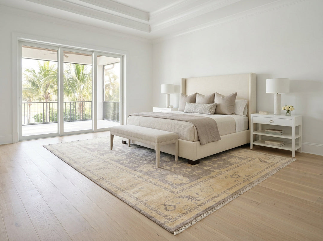 9x12 Taupe, Ivory, Gray Color Hand Knotted Oushak New Zealand Wool Transitional Oriental Rug