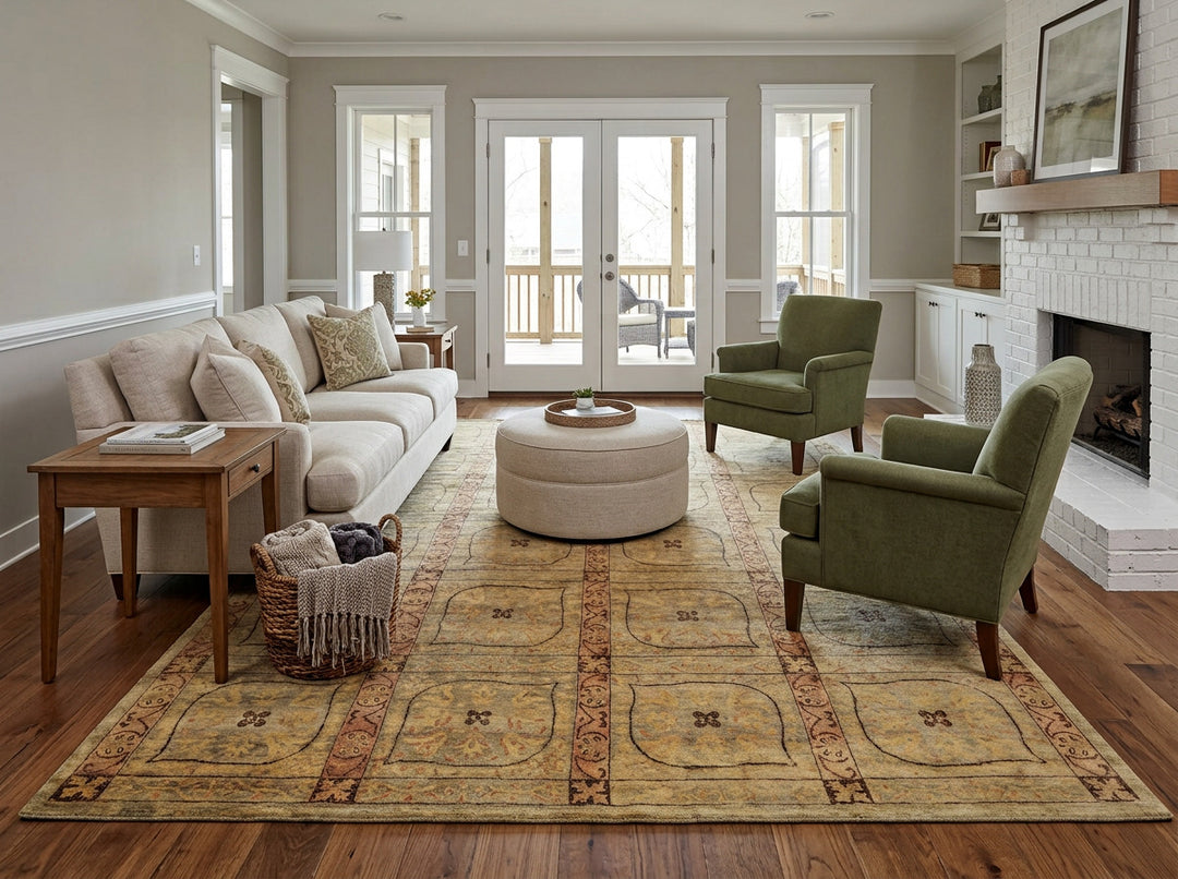 8x10 Moss, Gold, Blush Color Hand Knotted Tibetan Wool Transitional Oriental Rug