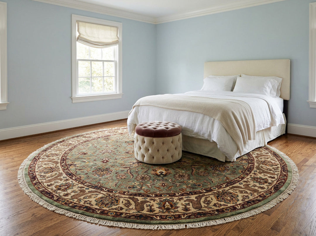 8 Round Sage, Beige, Maroon Color Hand Knotted Agra New Zealand Wool &amp; Silk Traditional Oriental Rug