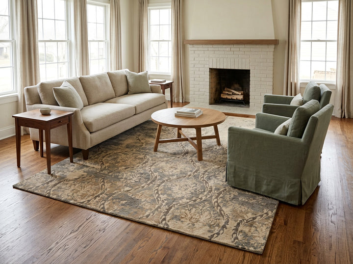 8x10 Beige, Greenish, Gray Color Hand Knotted Tibetan Wool Transitional Oriental Rug