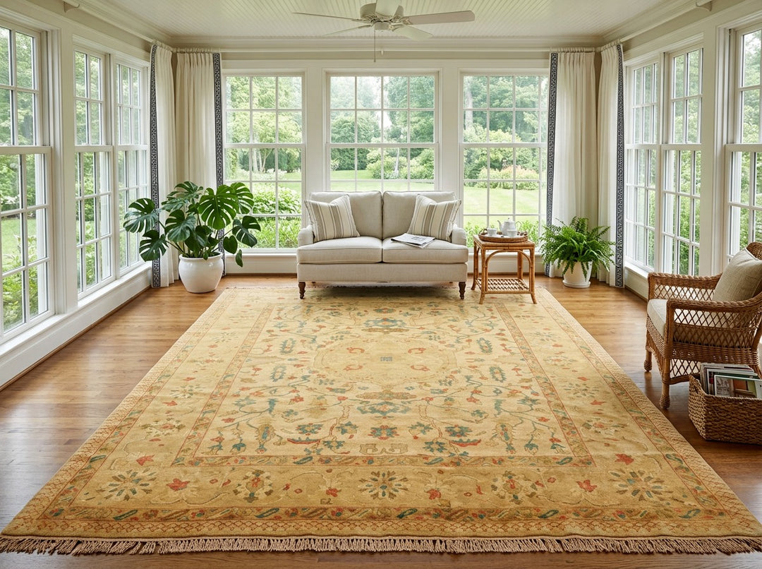 9x12 Gold, Aqua, Burnt Orange Color Hand Knotted Oushak Wool Traditional Oriental Rug