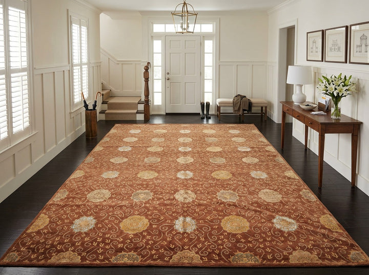 10x14 Mocha, Gold, Beige Color Hand Knotted Tibetan Wool &amp; Bamboo Silk Transitional Oriental Rug