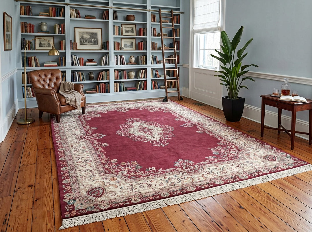 9x12 Plum, Ivory, Rose Color Hand Knotted Indo Kerman Wool Traditional Oriental Rug