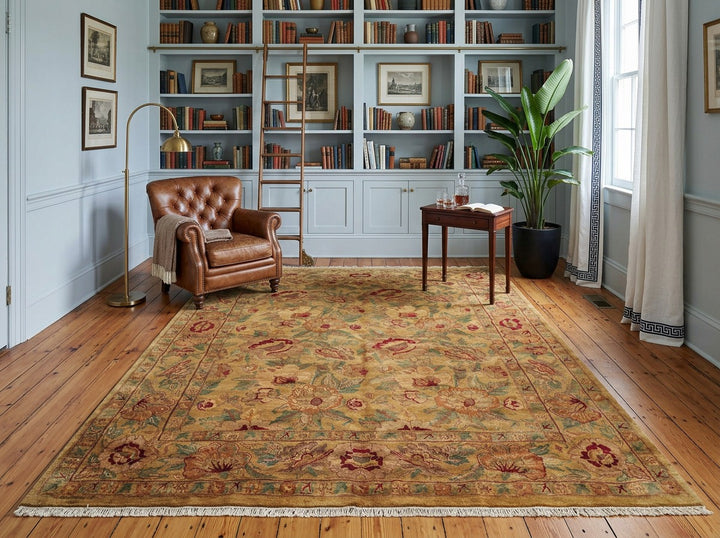 9x12 Gold, Sage, Red Color Hand Knotted Agra Wool Traditional Oriental Rug