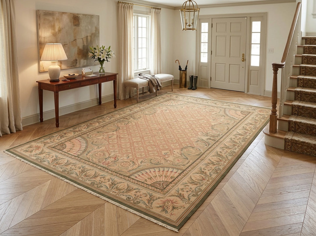 9x13 Blush, Sage, Tan Color Hand Knotted Soumak Wool Traditional Oriental Rug