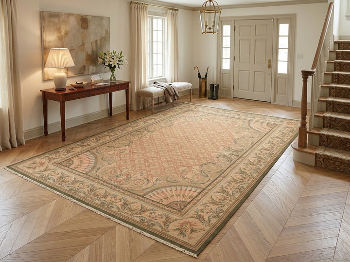 9x13 Blush, Sage, Tan Color Hand Knotted Soumak Wool Traditional Oriental Rug