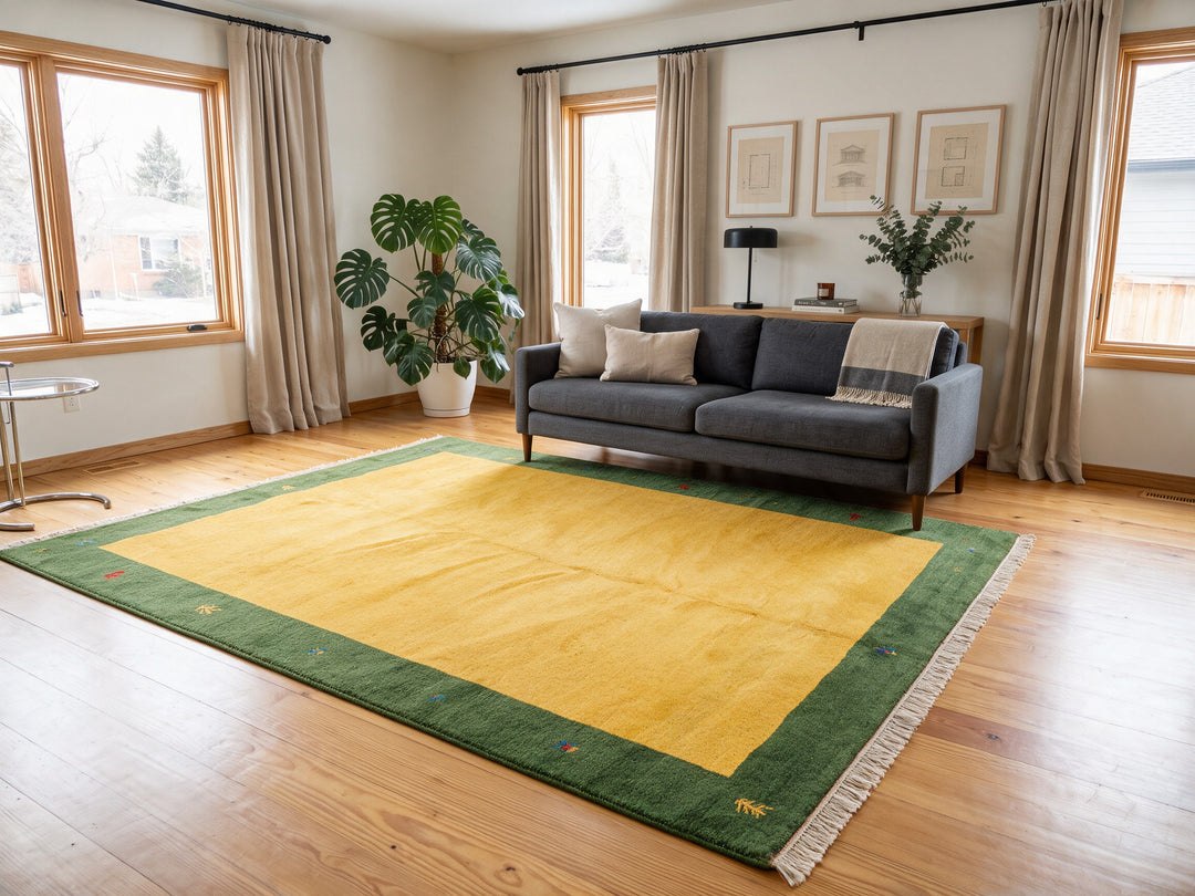 8x11 Gold, Green, Red Color Hand Knotted Gabbeh Wool Modern &amp; Contemporary Oriental Rug