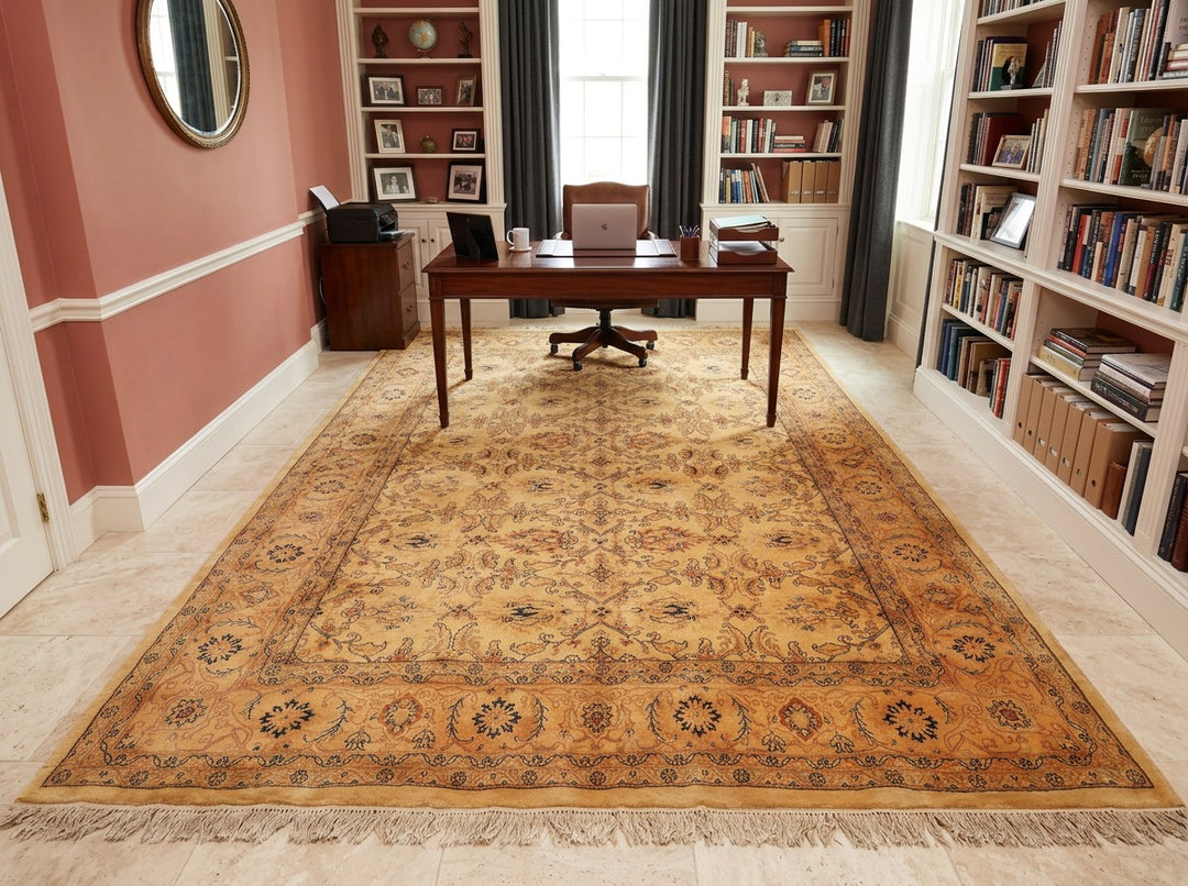 9x12 Tan, Peach, Navy Color Hand Knotted Oushak Wool Traditional Oriental Rug