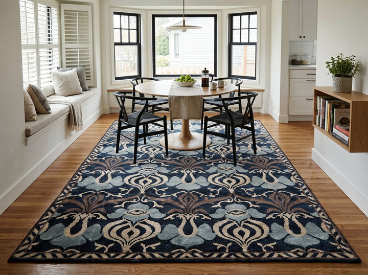 8x10 Navy, Taupe, Blue Color Hand Knotted Tibetan Wool Transitional Oriental Rug