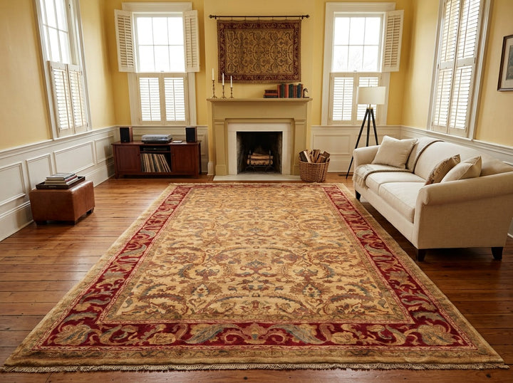 9x18 Beige, Tan, Burgundy Color Hand Knotted Agra Wool Traditional Oriental Rug