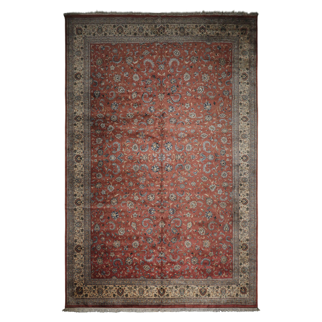 12x18 Rose, Ivory, Blue Color Hand Knotted Kashan wool Traditional Oriental Rug