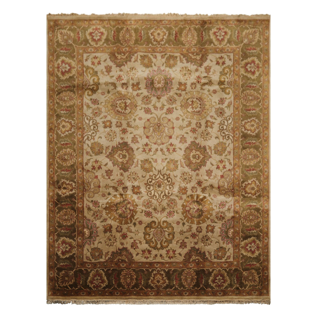 8x10 Beige, Green, Rose Color Hand Knotted Agra Wool Traditional Oriental Rug