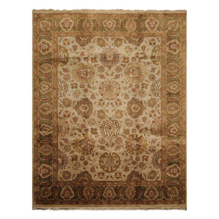 8x10 Beige, Green, Rose Color Hand Knotted Agra Wool Traditional Oriental Rug