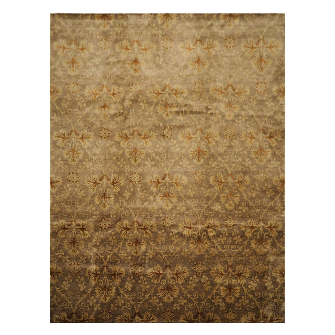 9x12 Taupe, Brown, Gold Color Hand Knotted Tibetan Wool Transitional Oriental Rug