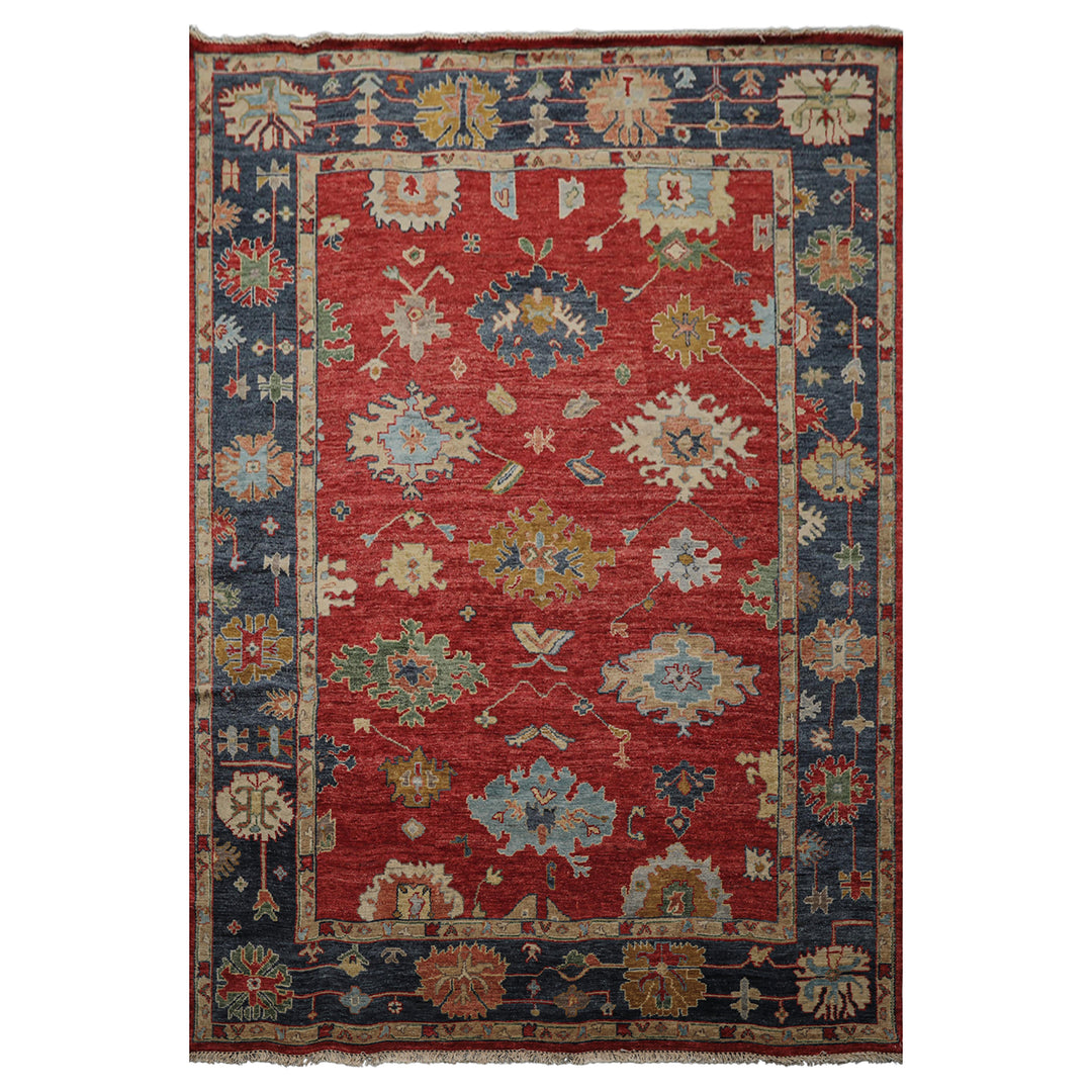 6x9 Red, Navy, Gold Color Hand Knotted Oushak Wool Traditional Oriental Rug