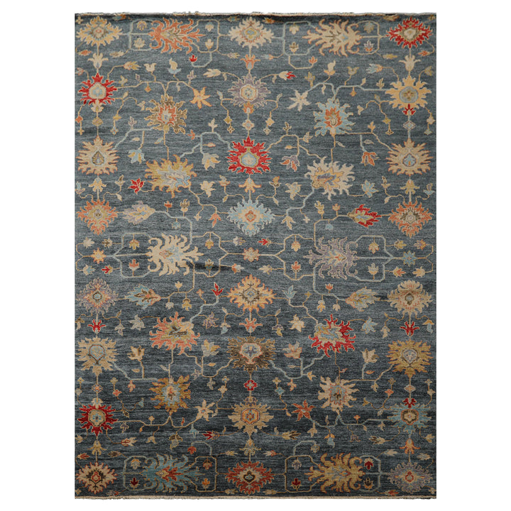 7x9 Navy, Gold, Coral Color Hand Knotted Oushak Wool Transitional Oriental Rug