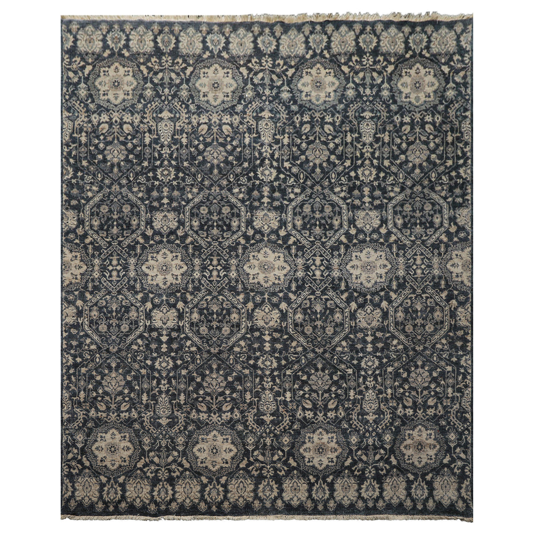 6x9 Navy, Gray, Aqua Color Hand Knotted Agra Wool Transitional Oriental Rug