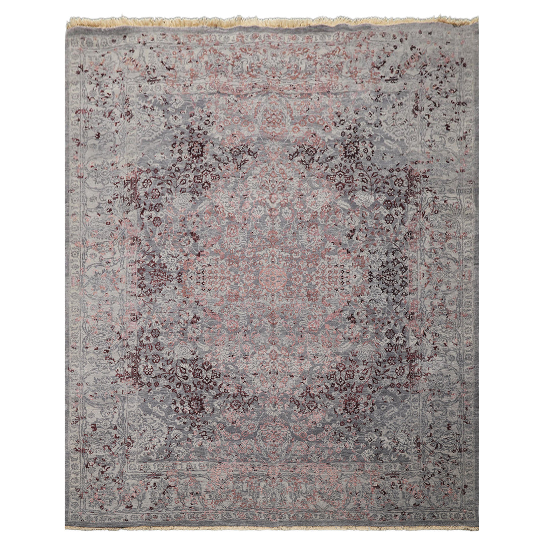 8x10 Gray, Blue, Plum Color Hand Knotted Sherpa Wool & Bamboo Silk Transitional Oriental Rug