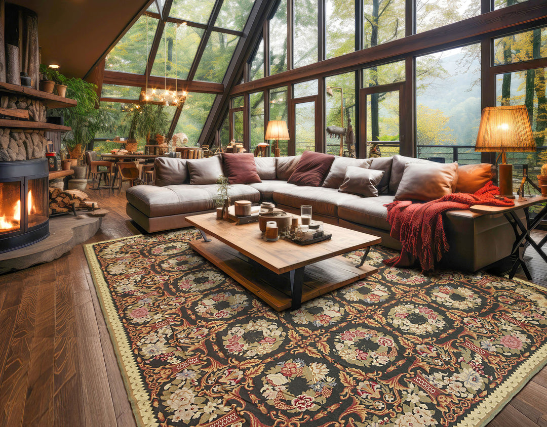 9x12 Charcoal, Gold, Green Color Hand Woven French Needlepoint Aubusson Wool Traditional Oriental Rug