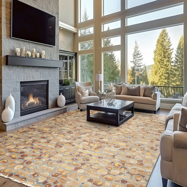 9x12 Aqua, Tan, Brown Color Hand Knotted Full Pile Oriental Wool &amp; Bamboo Silk Contemporary Oriental Rug