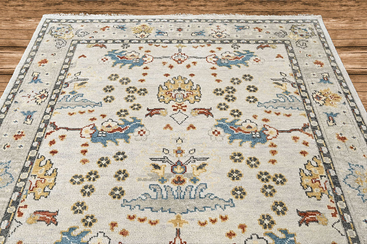8x10 Ivory, Gray, Gold Color Hand Knotted Oushak Wool Transitional Oriental Rug