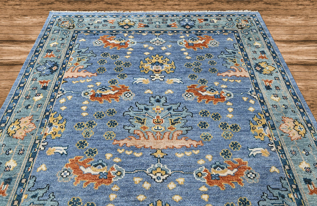 8x10 Blue, Aqua, Burnt Orange Color Hand Knotted Oushak Wool Arts and Crafts Oriental Rug
