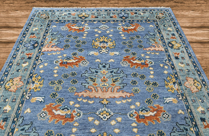8x10 Blue, Aqua, Burnt Orange Color Hand Knotted Oushak Wool Arts and Crafts Oriental Rug