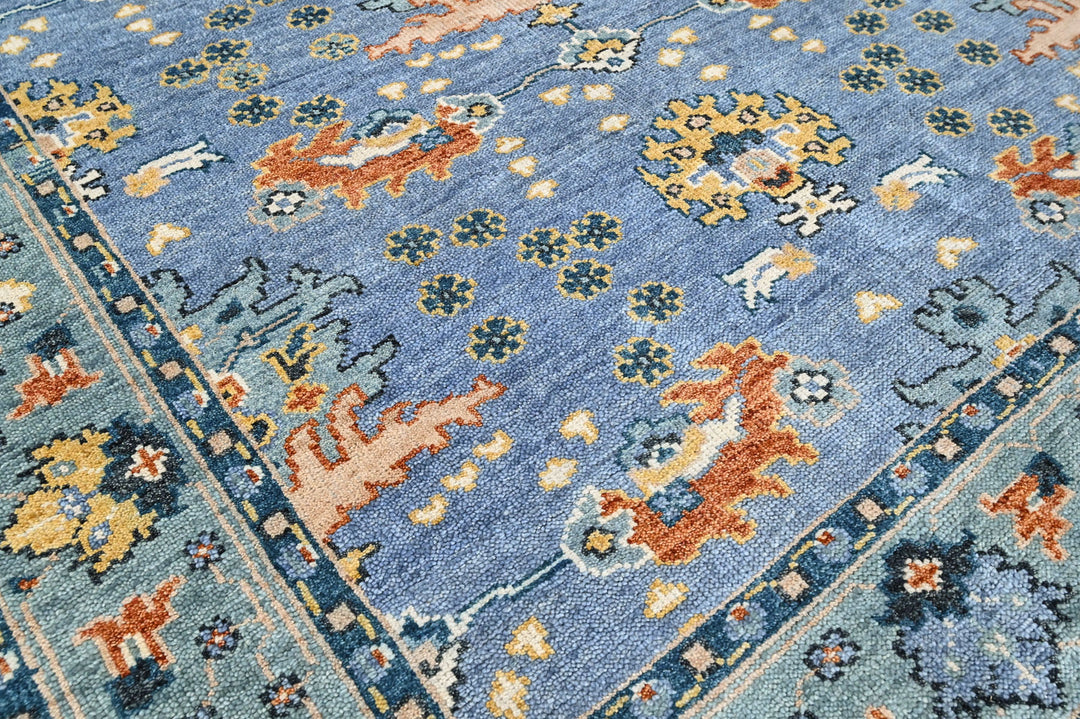 8x10 Blue, Aqua, Burnt Orange Color Hand Knotted Oushak Wool Arts and Crafts Oriental Rug