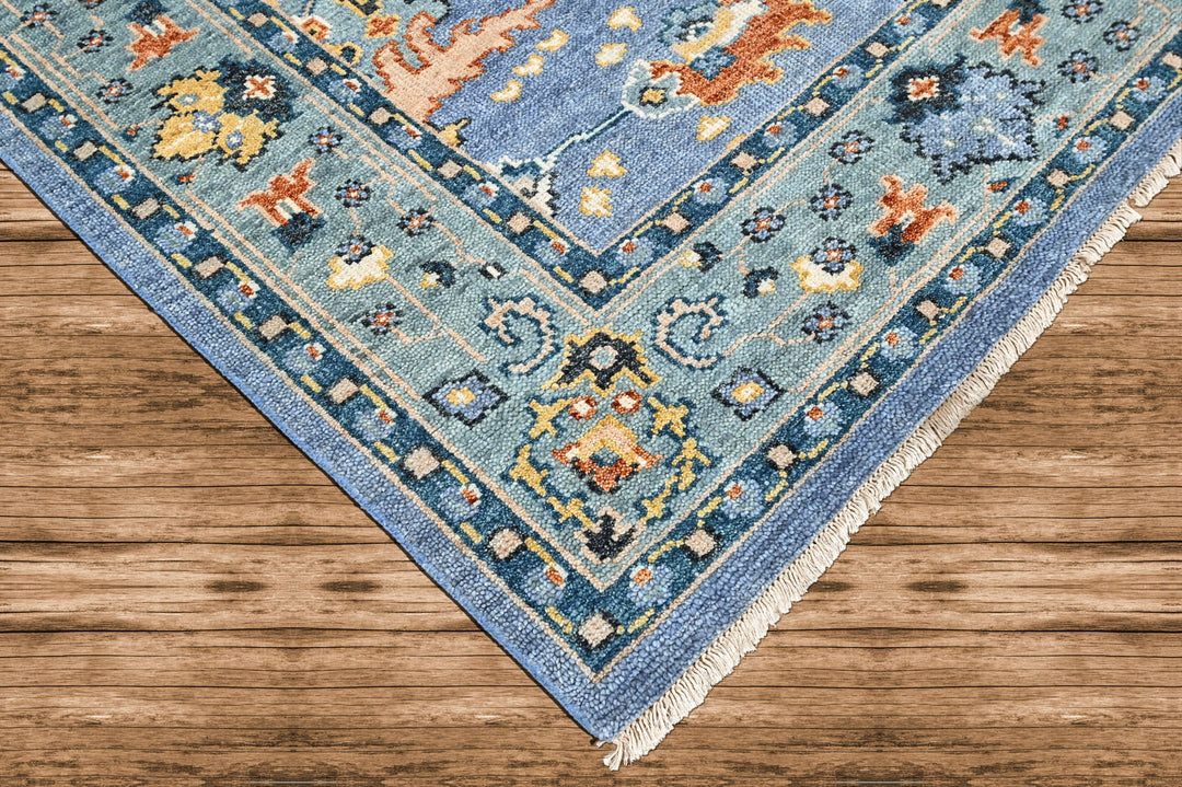 8x10 Blue, Aqua, Burnt Orange Color Hand Knotted Oushak Wool Arts and Crafts Oriental Rug
