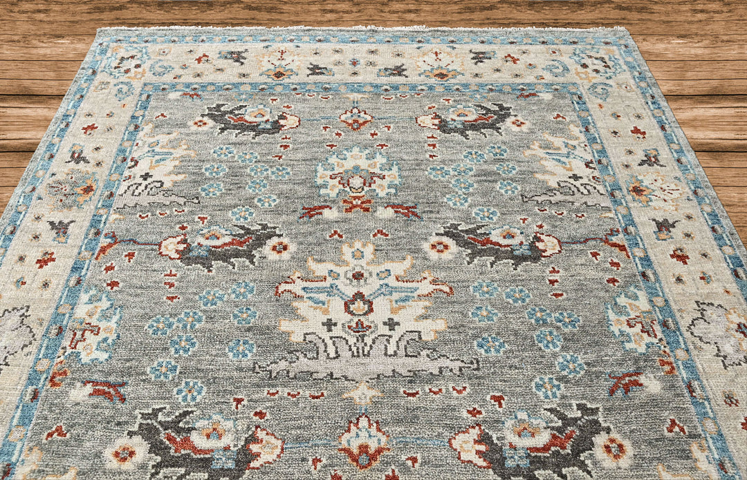 8x10 Gray, Beige, Aqua Color Hand Knotted Oushak Wool Transitional Oriental Rug