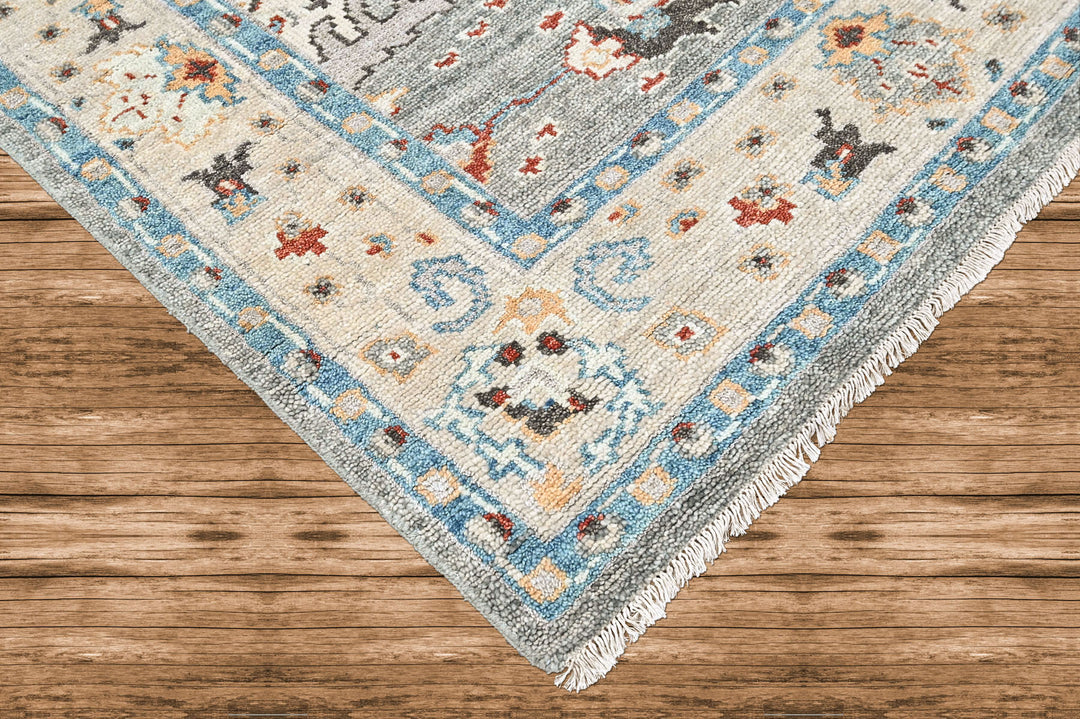8x10 Gray, Beige, Aqua Color Hand Knotted Oushak Wool Transitional Oriental Rug