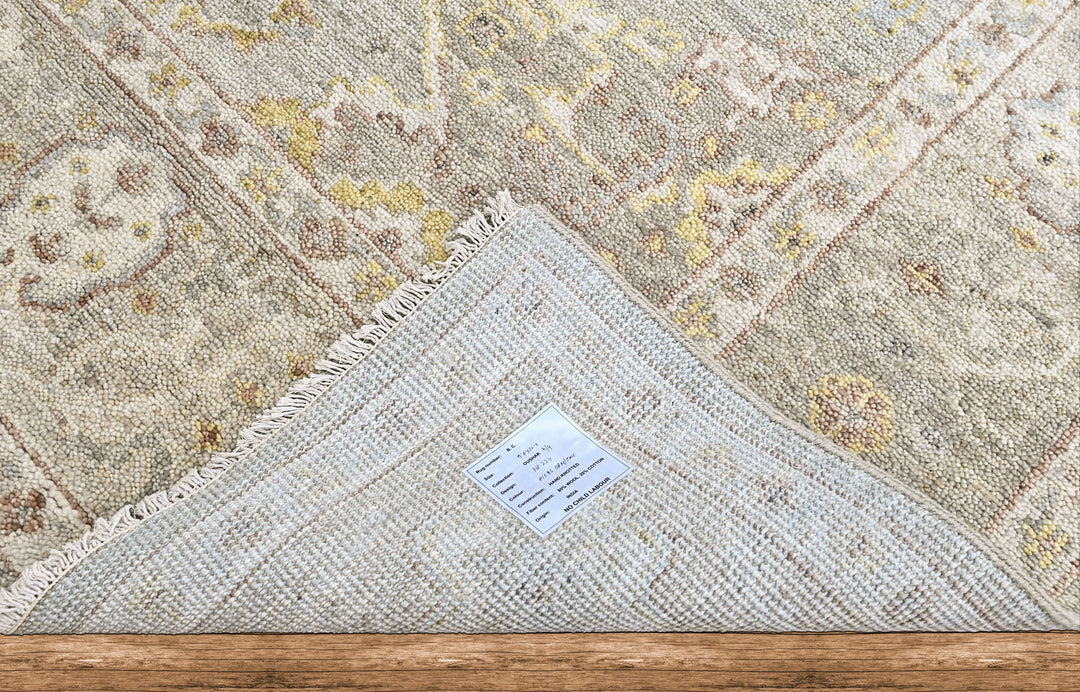 9x12 Gray, Light Gold, Moss Color Hand Knotted Oushak Wool Transitional Oriental Rug