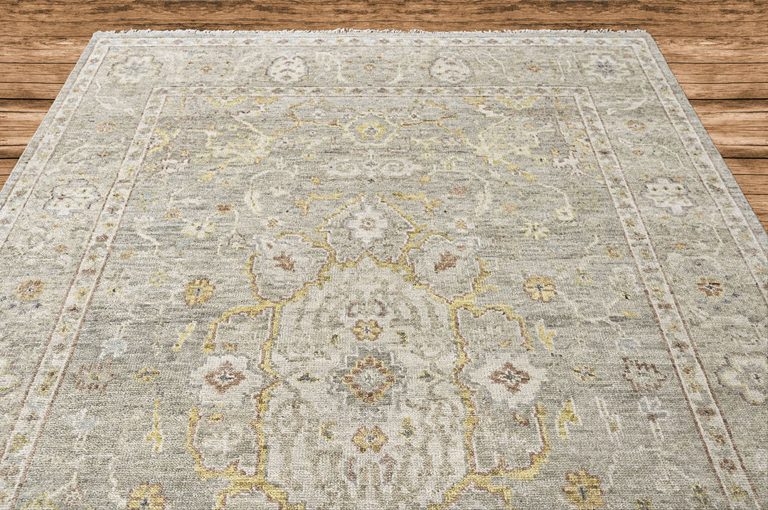 9x12 Gray, Light Gold, Moss Color Hand Knotted Oushak Wool Transitional Oriental Rug