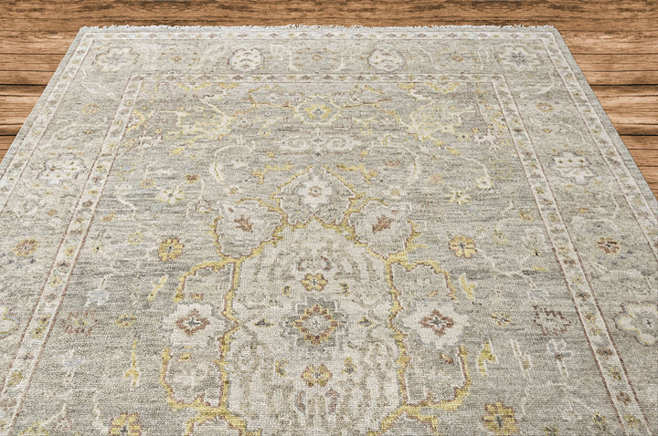 9x12 Gray, Light Gold, Moss Color Hand Knotted Oushak Wool Transitional Oriental Rug