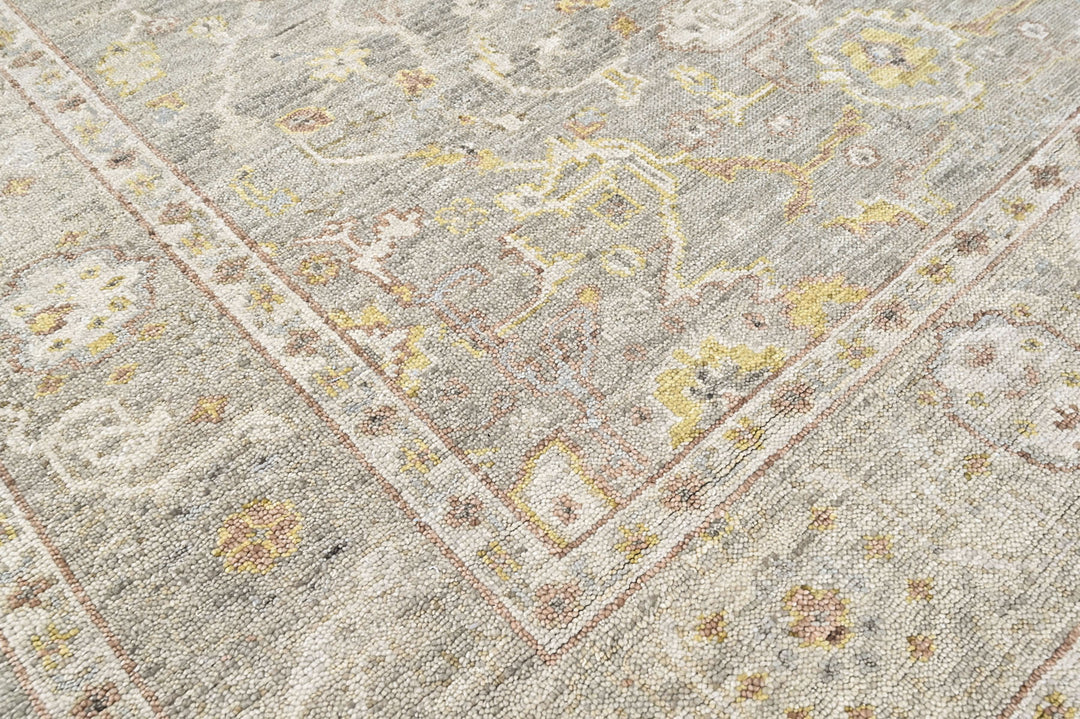 9x12 Gray, Light Gold, Moss Color Hand Knotted Oushak Wool Transitional Oriental Rug
