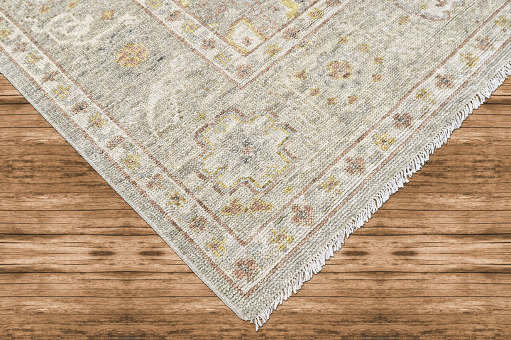 9x12 Gray, Light Gold, Moss Color Hand Knotted Oushak Wool Transitional Oriental Rug