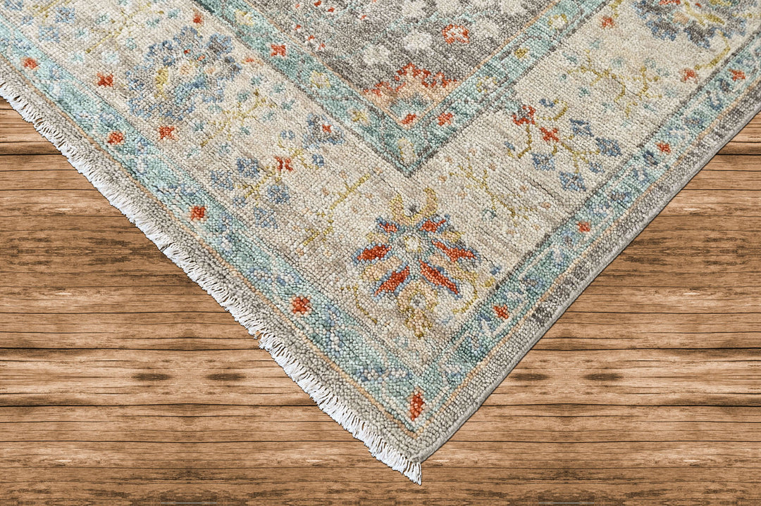 9x12 Gray, Beige, Aqua Color Hand Knotted Oushak Wool Transitional Oriental Rug
